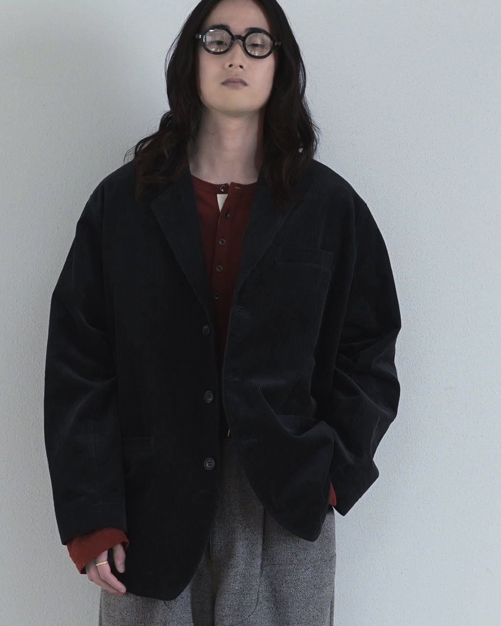 Linen Jersey Henley Neck Middle Length L/S Tee <#terracotta>