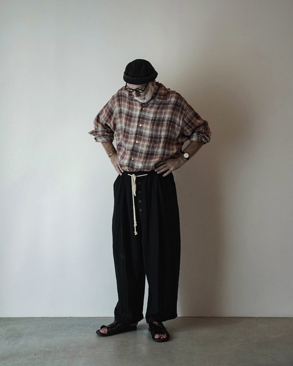 Linen Herringbone Button-Fly Easy Sarouel Pants <#black>