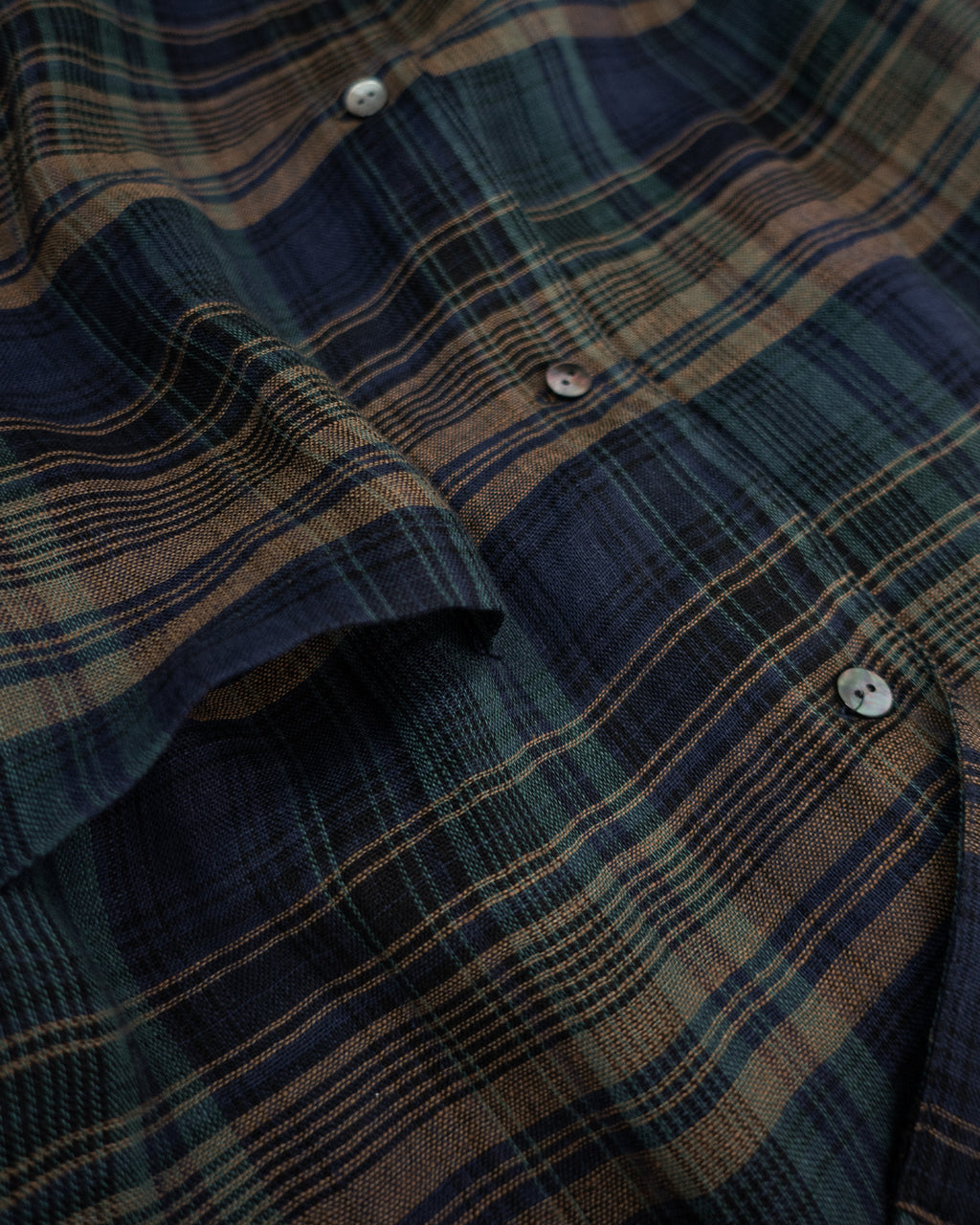 Linen Madras Check Open Collar Long-Sleeve Gathered Shirt<#navy check>