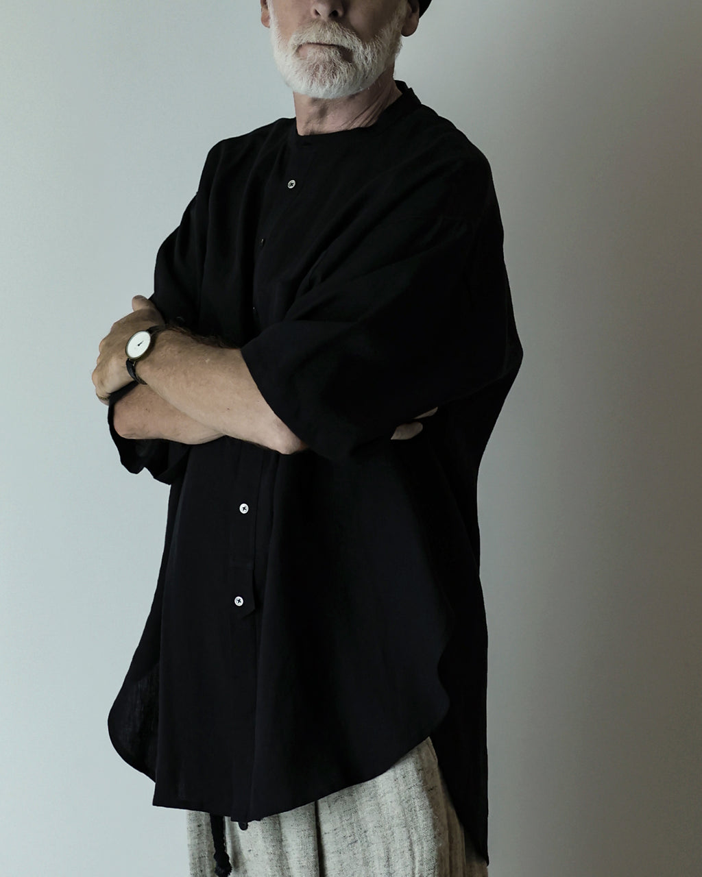 Wash Linen Band Collar Henley Neck Like Half Sleeve Atelier Shirt <#black>