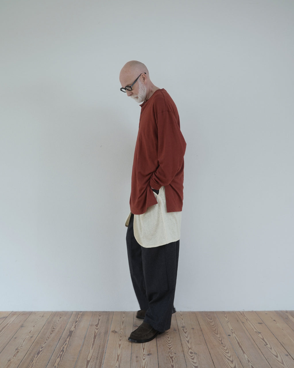 Linen Jersey Henley Neck Middle Length L/S Tee <#terracotta>