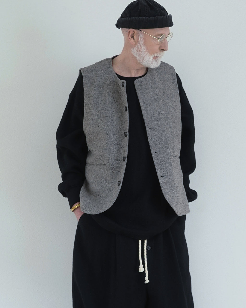 Shetland Wool Linen Crew Neck LS Tuck Rib Pullover <#black>