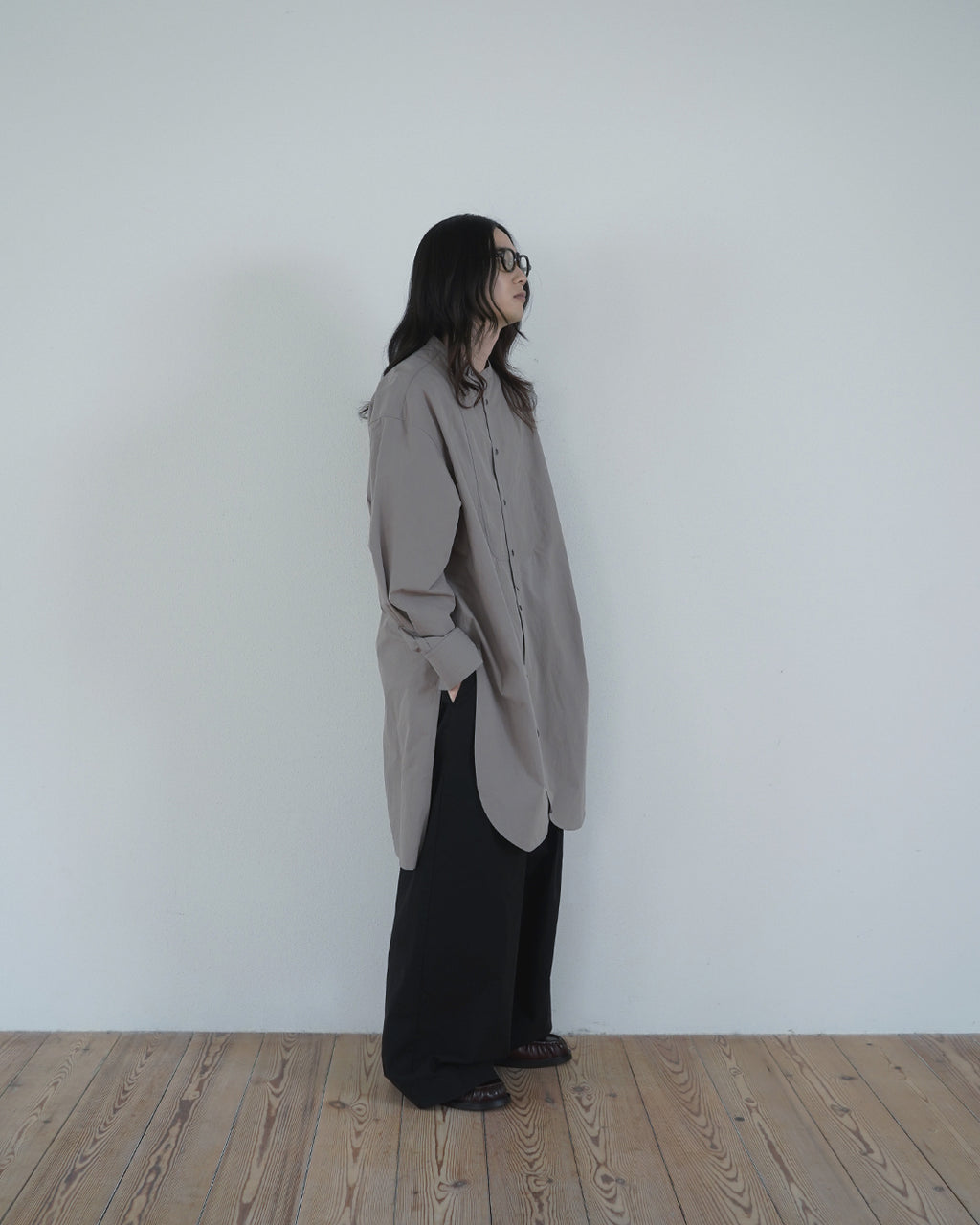 Cotton Typewriter Round Slit Long Officer Shirt <#greige>
