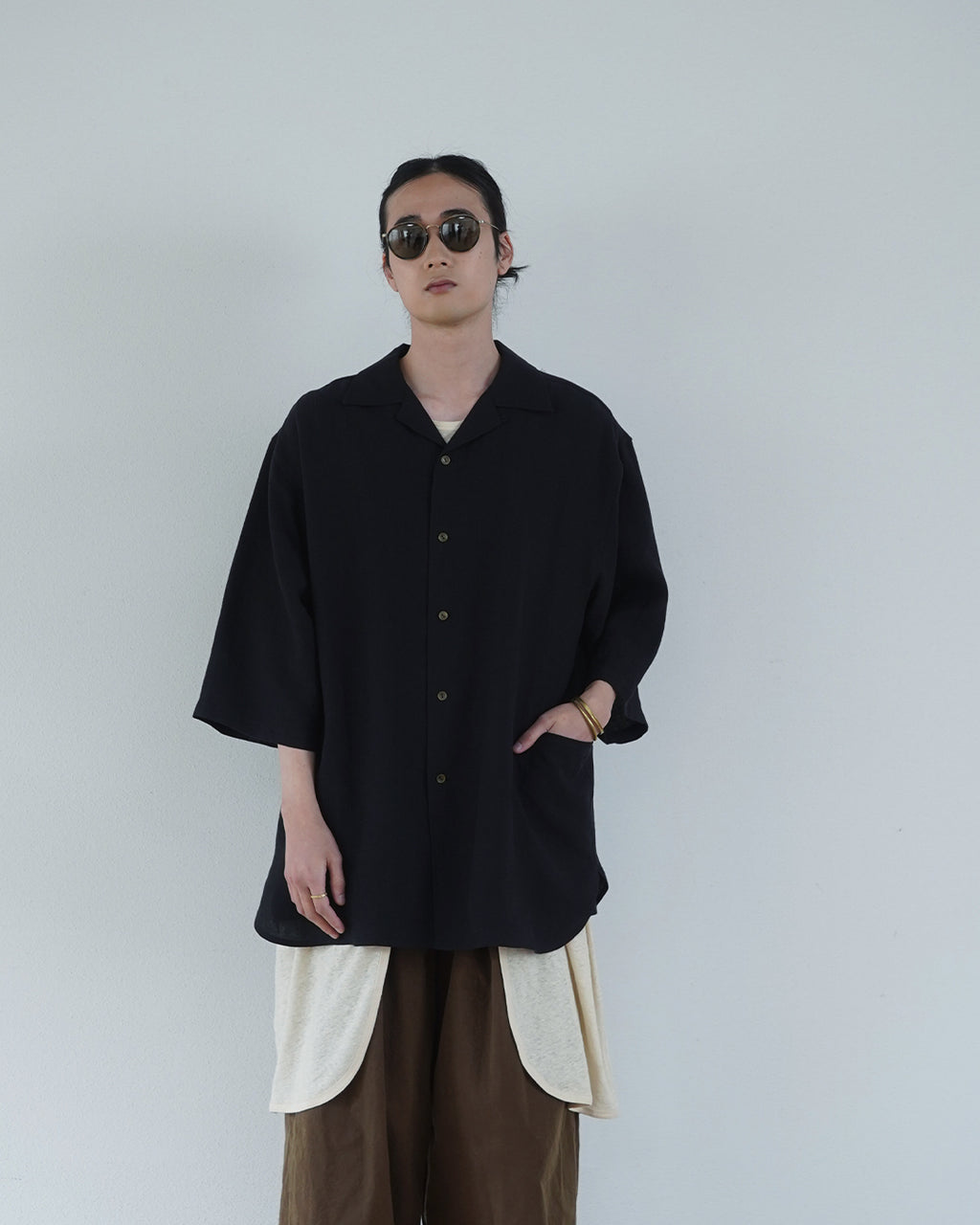 Wash Linen Open Collar 3/4 Sleeve Sleeping Shirt <#black>