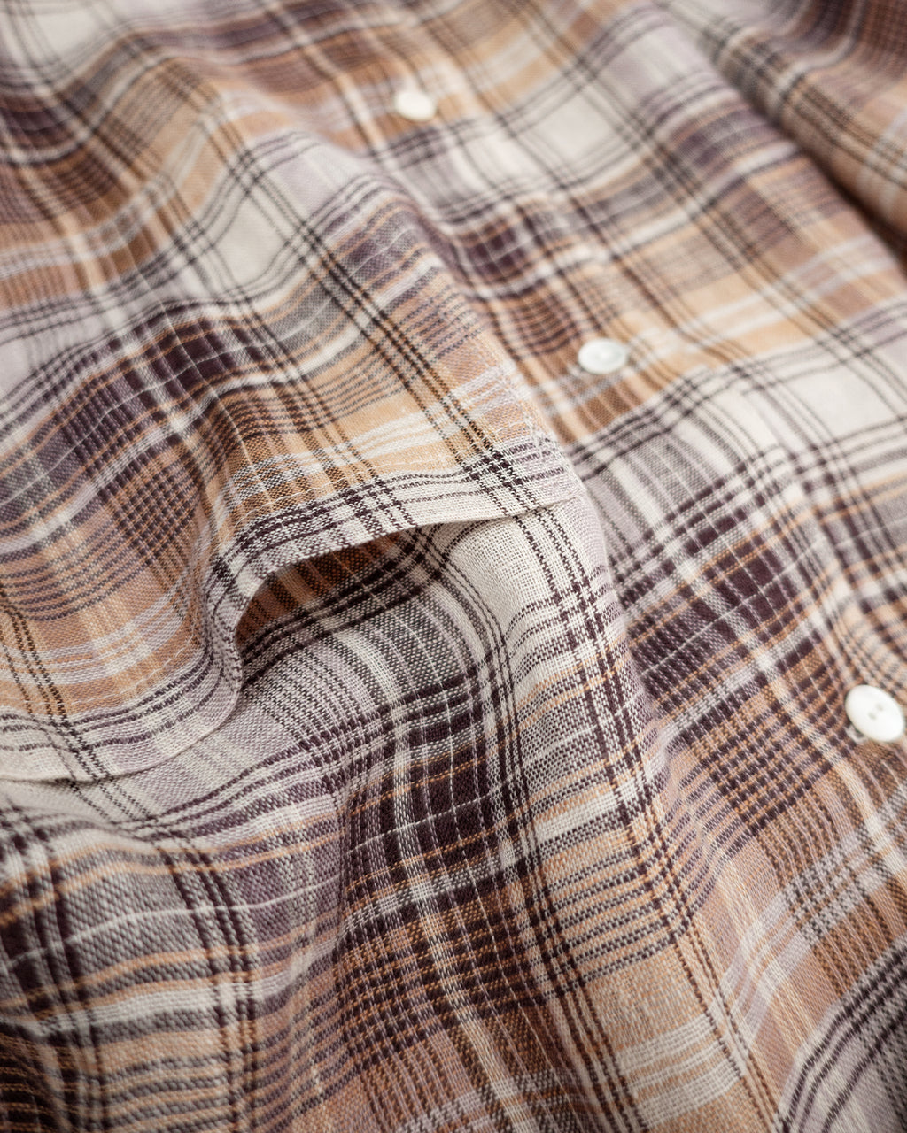 Linen Madras Check Open Collar Long-Sleeve Gathered Shirt<#red check>