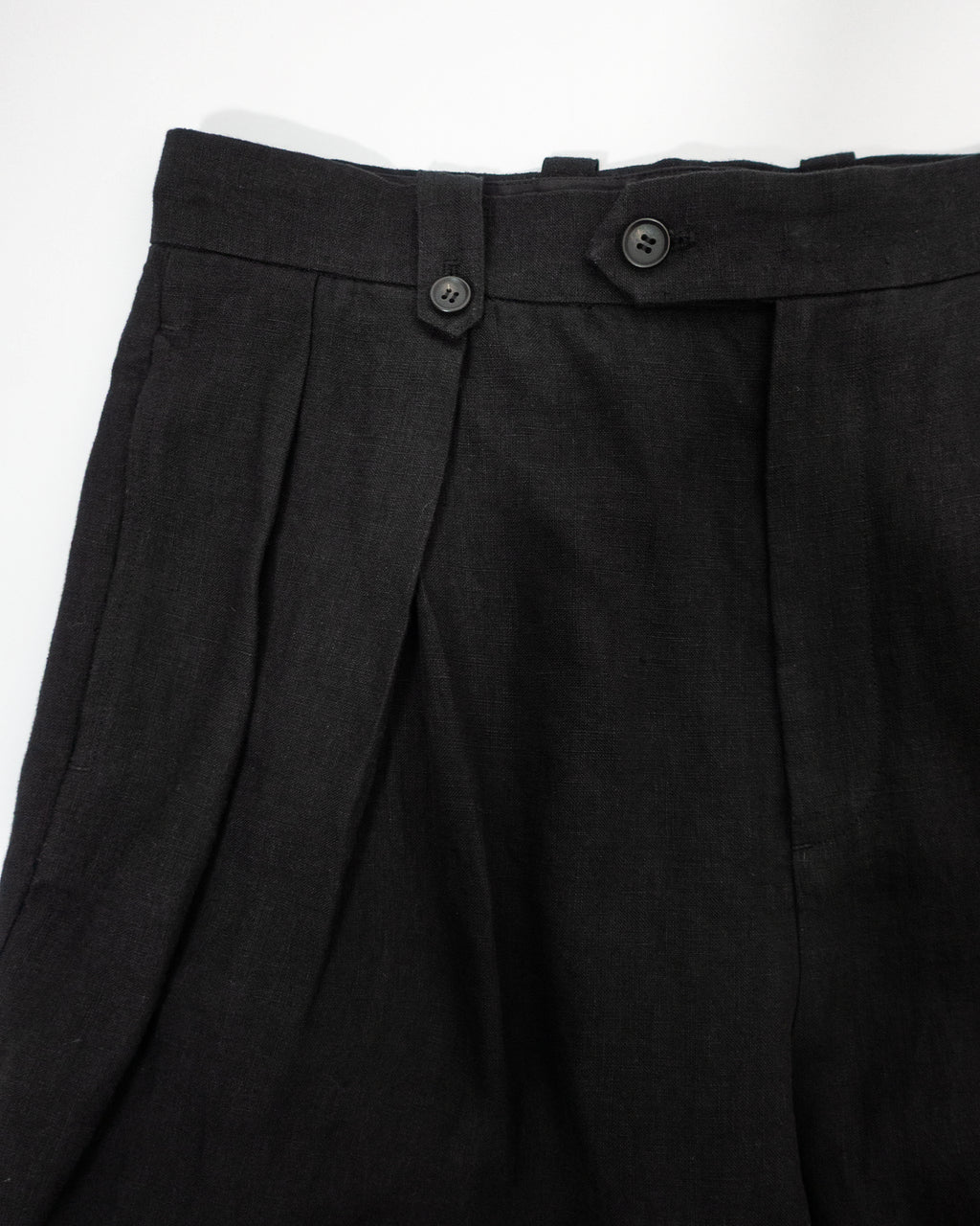 French Linen Back Belt 3Tuck Wide Straight Trousers <#black>