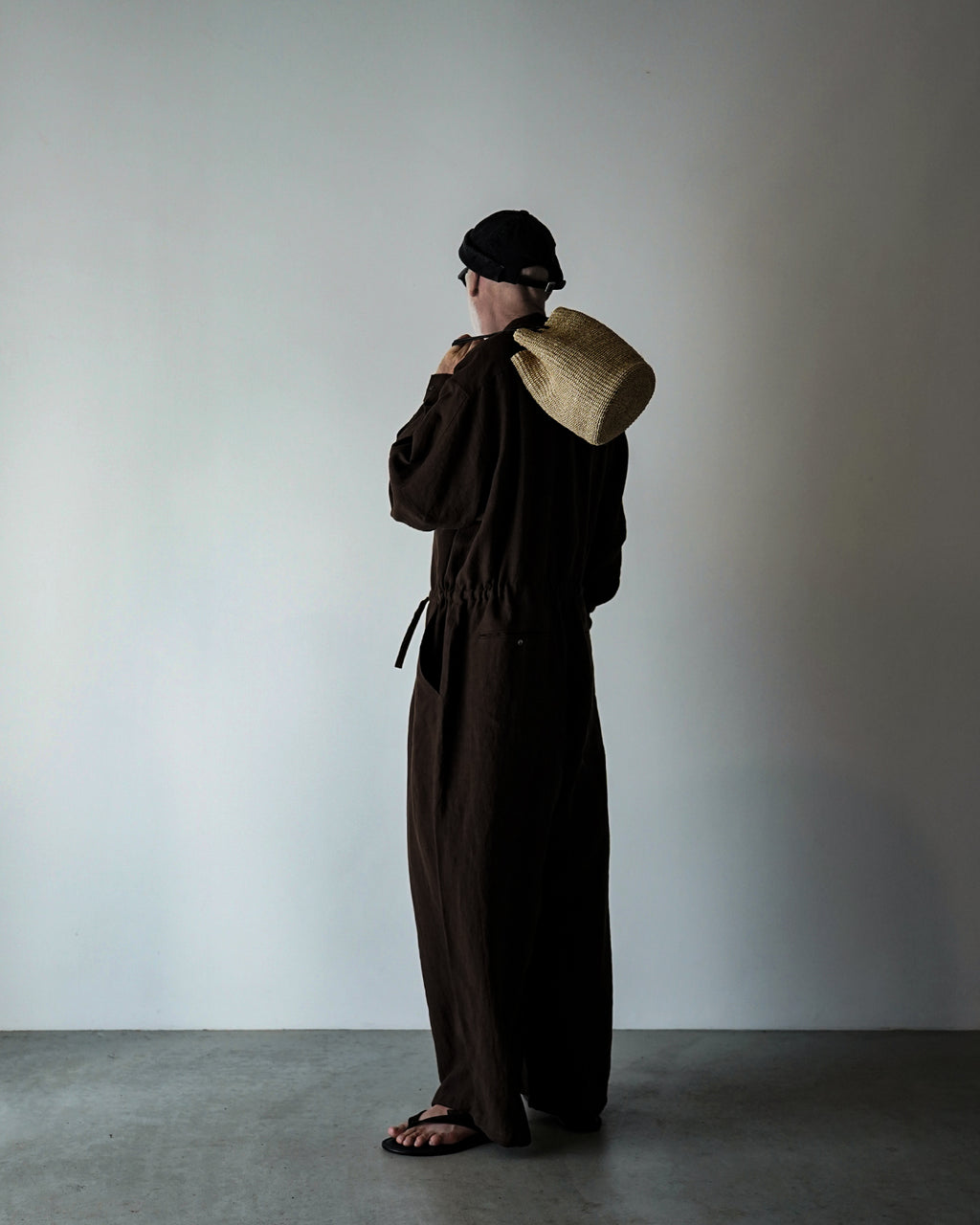 Wash Linen Band Collar Long-Sleeve Jumpsuit <#brown>