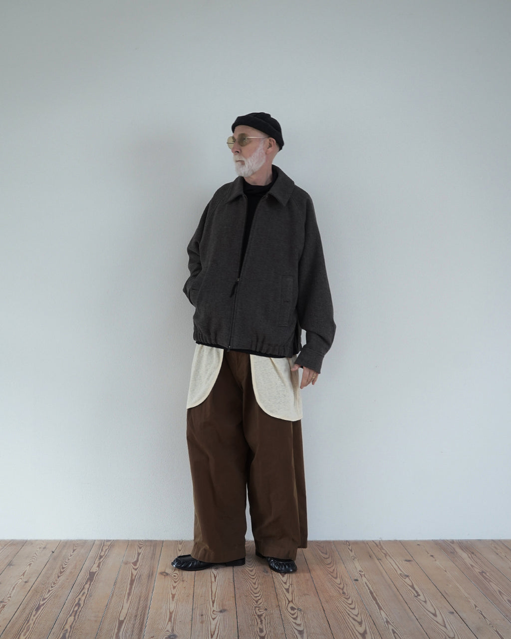 Wool Blend Herringbone Tweed Volume Zip Blouson <#brown>