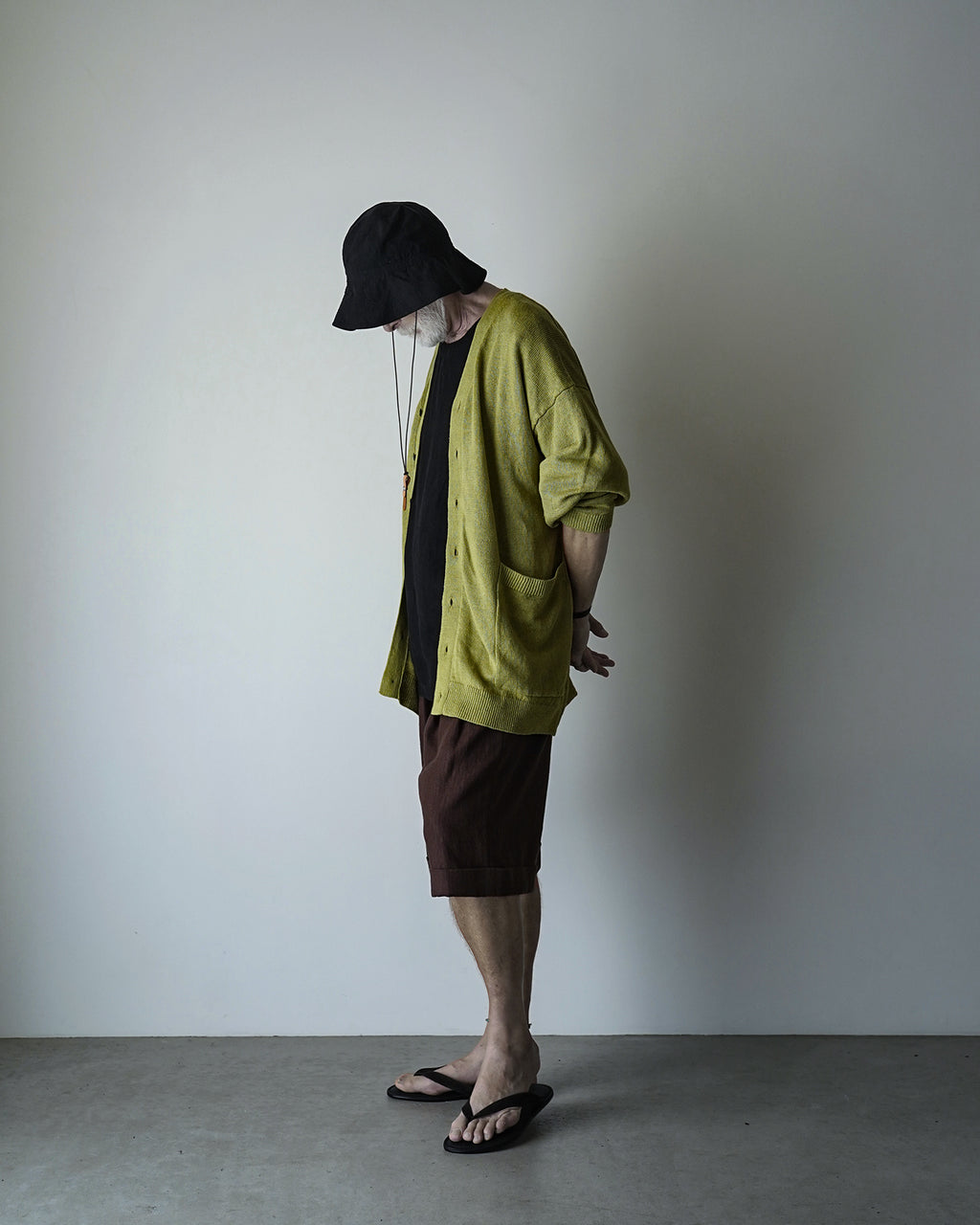 Linen Mid-Gauge V-Neck Knit Gown Cardigan <#yellow>