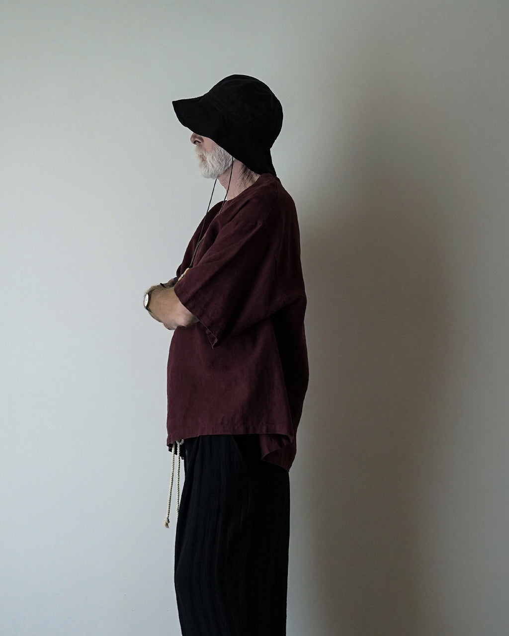 French Linen Crew Neck Half Sleeve Oversized Pullover <#burgundy>