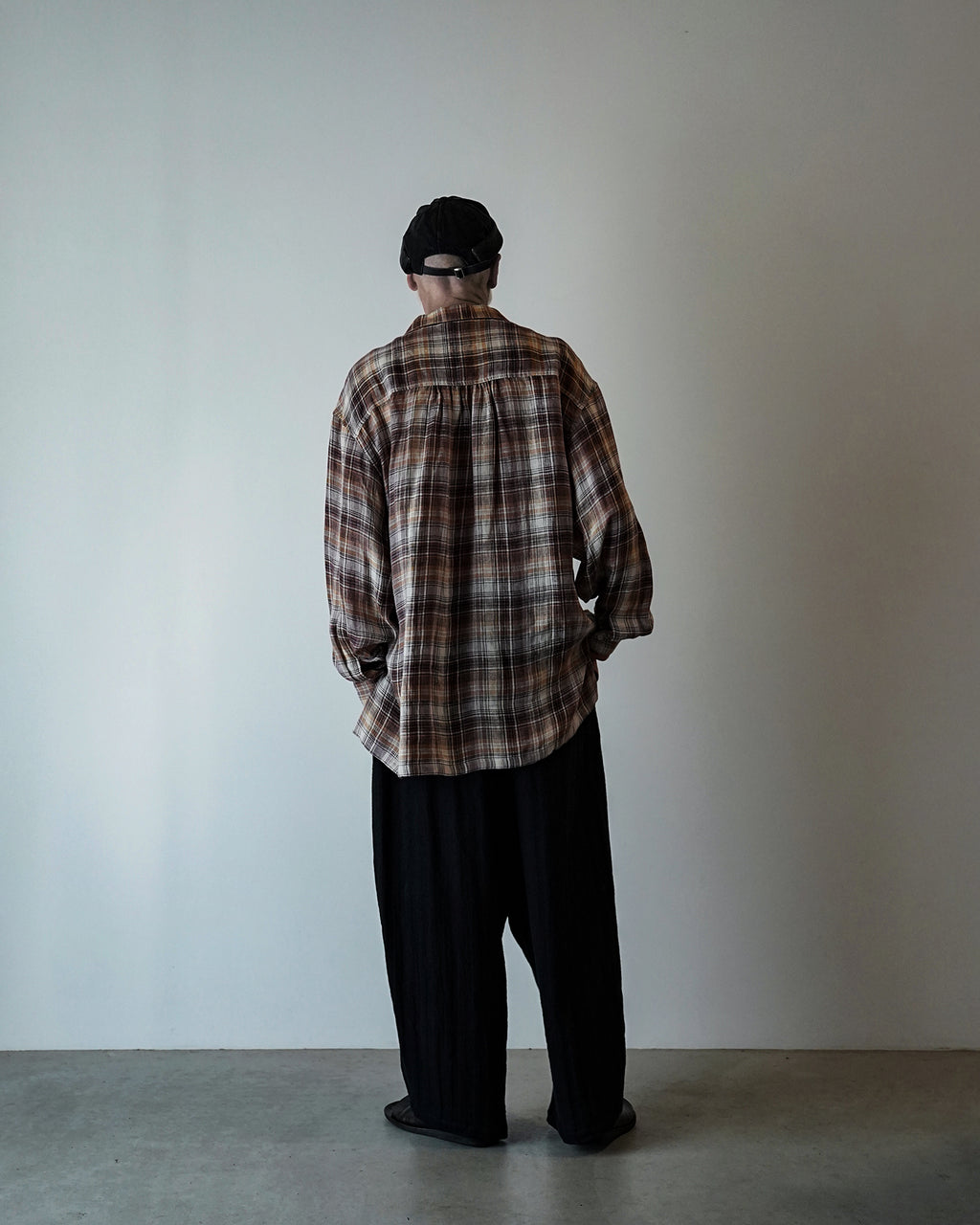 Linen Madras Check Open Collar Long-Sleeve Gathered Shirt<#red check>