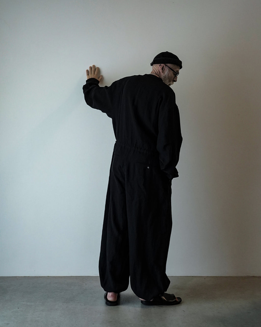 Wash Linen Band Collar Long-Sleeve Jumpsuit <#black>