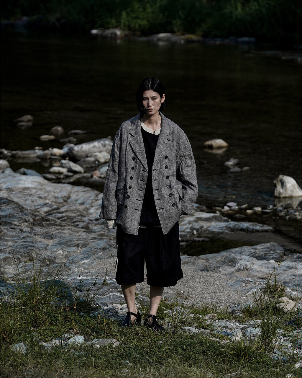 Glen Check Linen Back-Open Button Design Semi-Double Jacket <#glen check>