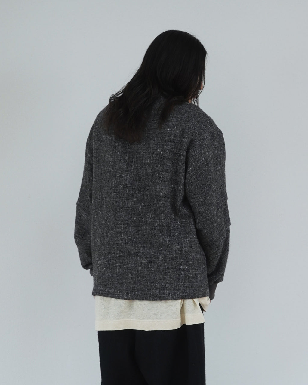 Shetland Wool Linen Crew Neck LS Tuck Rib Pullover <#charcoal>