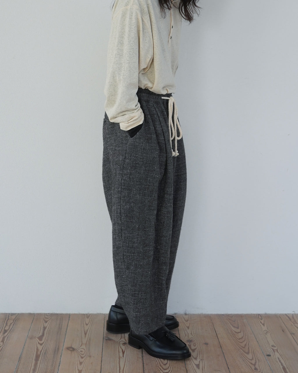 Shetland Wool Linen Rope Belt Easy Sarouel Pants <#charcoal>