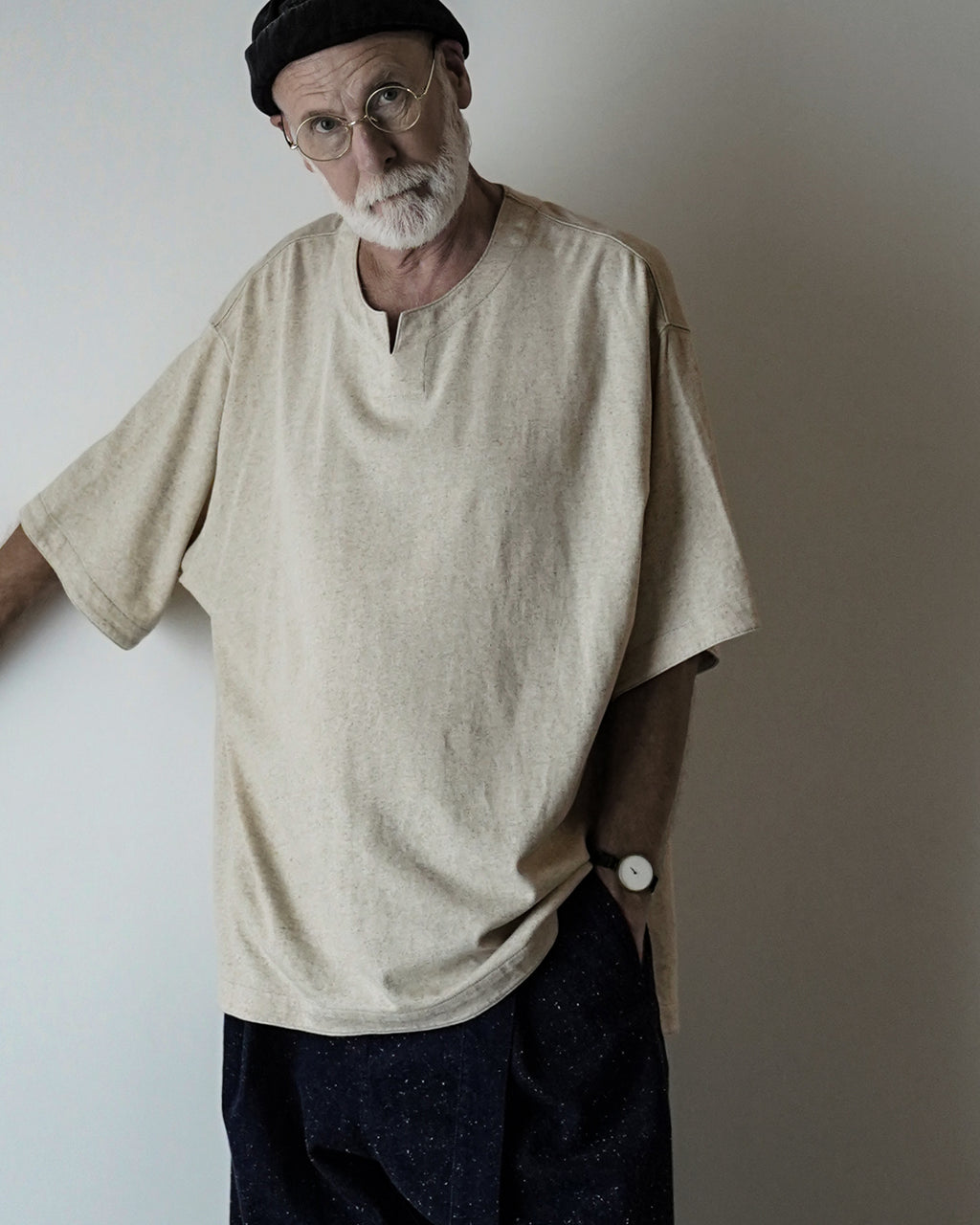 Cotton Linen Hem Round Skipper Half Sleeve Tee <#ivory>