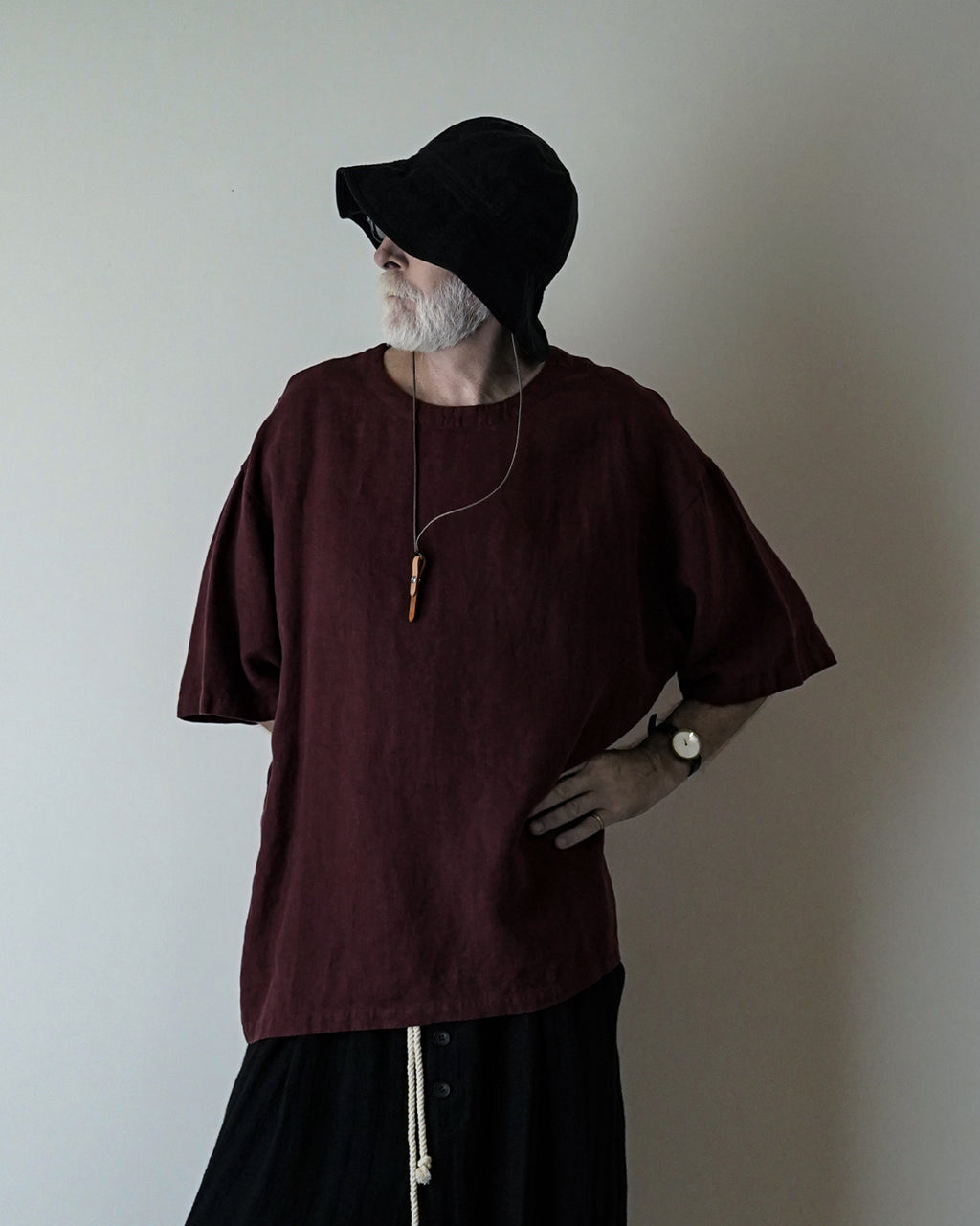 French Linen Crew Neck Half Sleeve Oversized Pullover <#burgundy>
