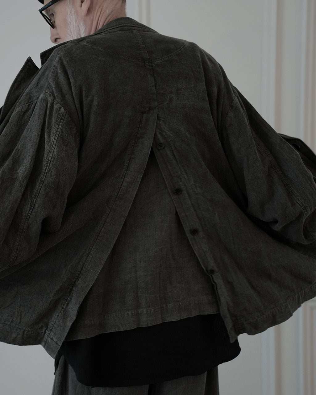 Back-Open Peak Lapel Double-Breasted Over Jacket.