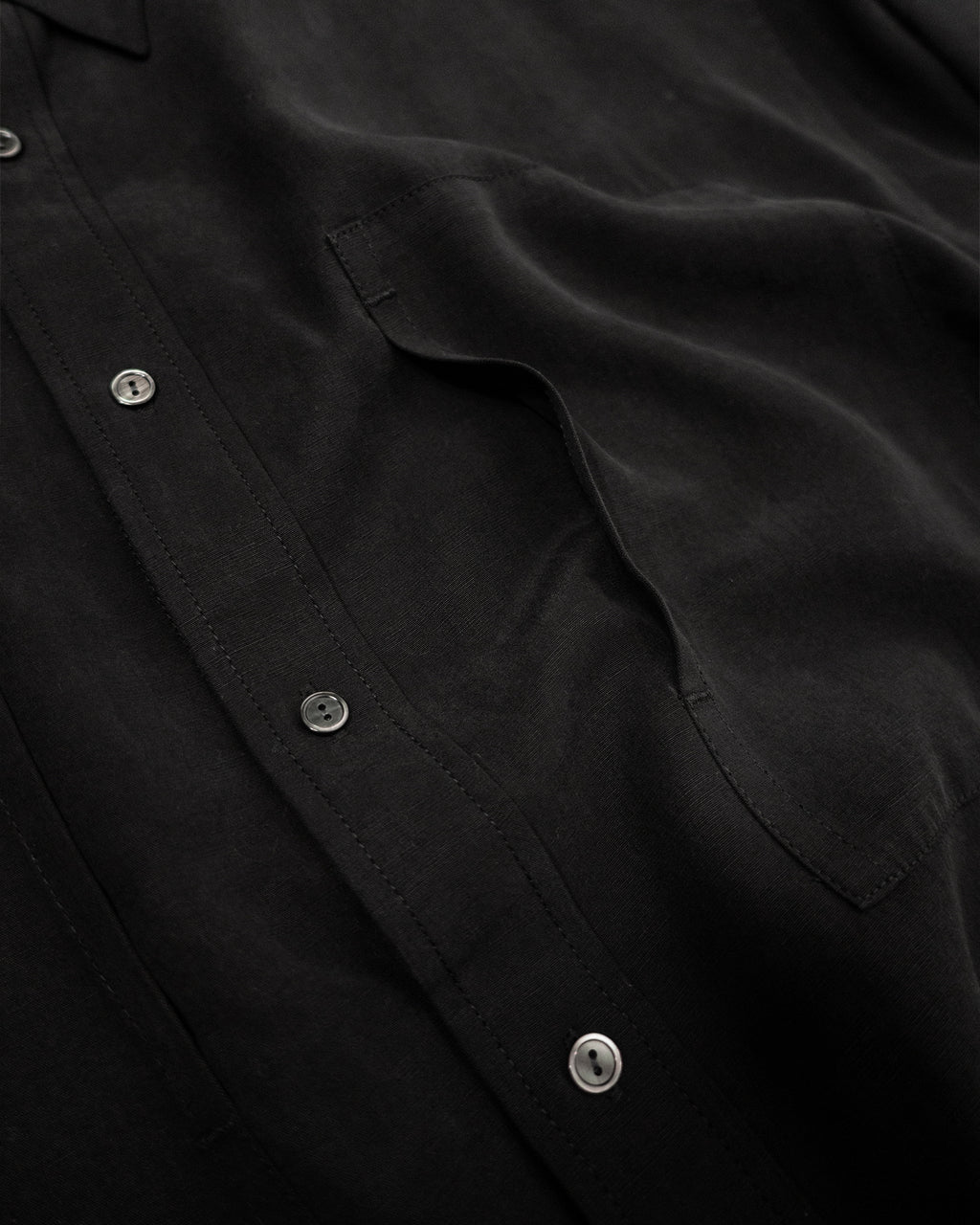 Linen-Tencel Double Pocket Regular Collar Over Shirt <#black>