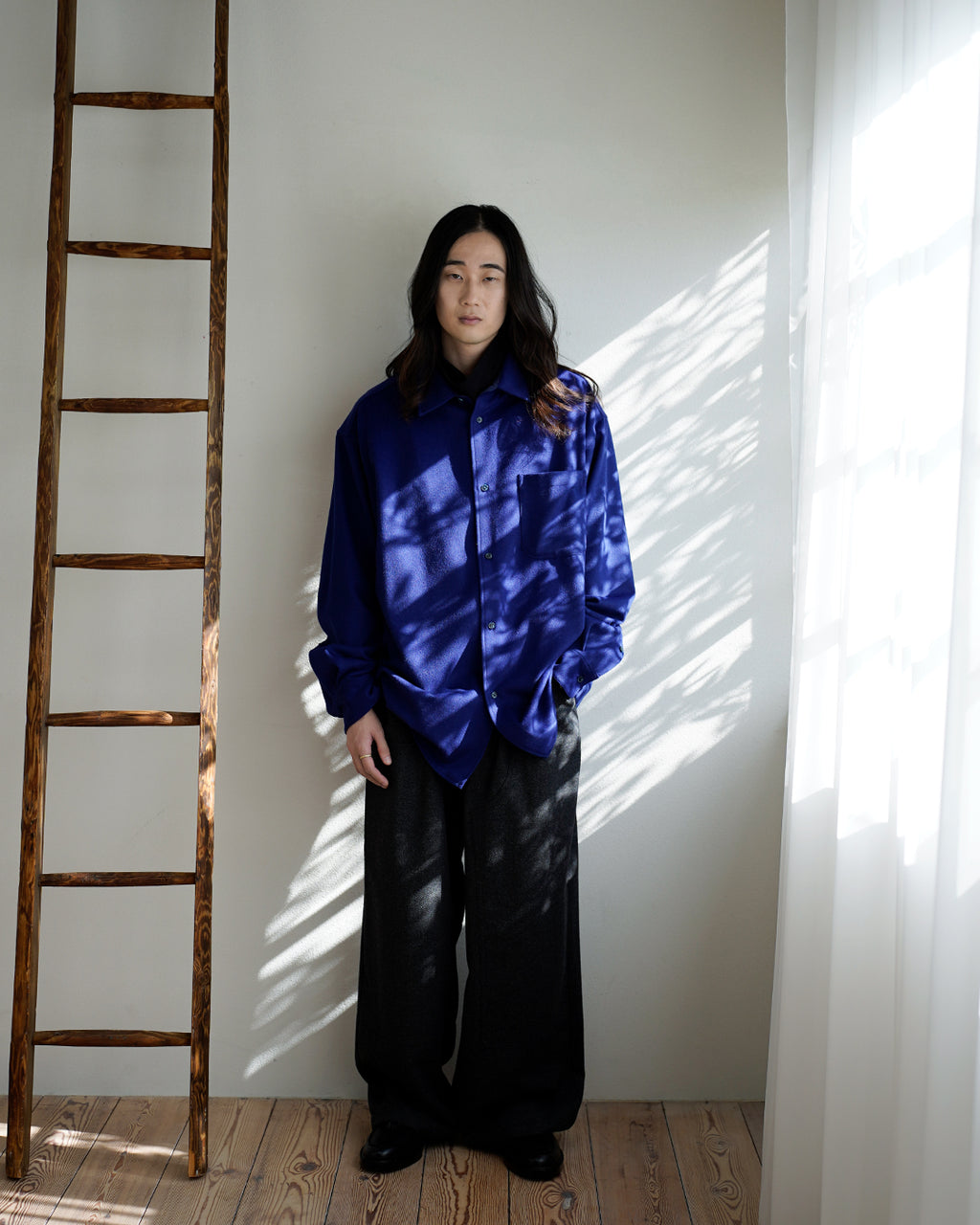 Wool Blend Heavy Flannel Wide Tuck Over Shirt <#royal blue>