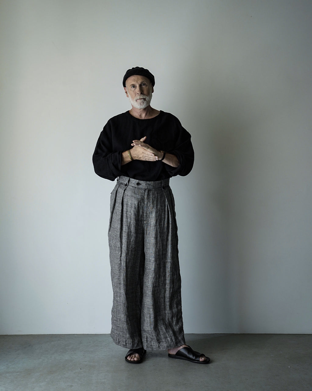 Glen Check Linen Back Belt 3Tuck Wide Straight Trousers <#glen check>