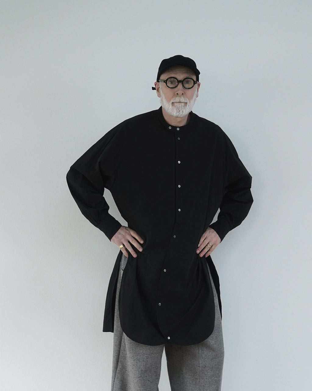 Cotton Typewriter Round Slit Long Officer Shirt <#ink black>