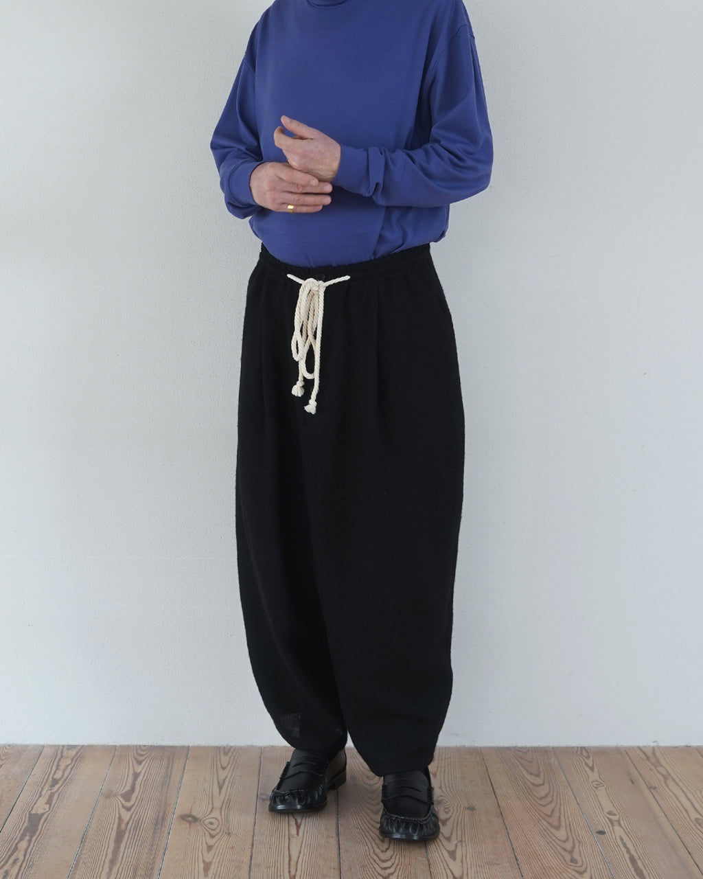 Shetland Wool Linen Rope Belt Easy Sarouel Pants <#black>