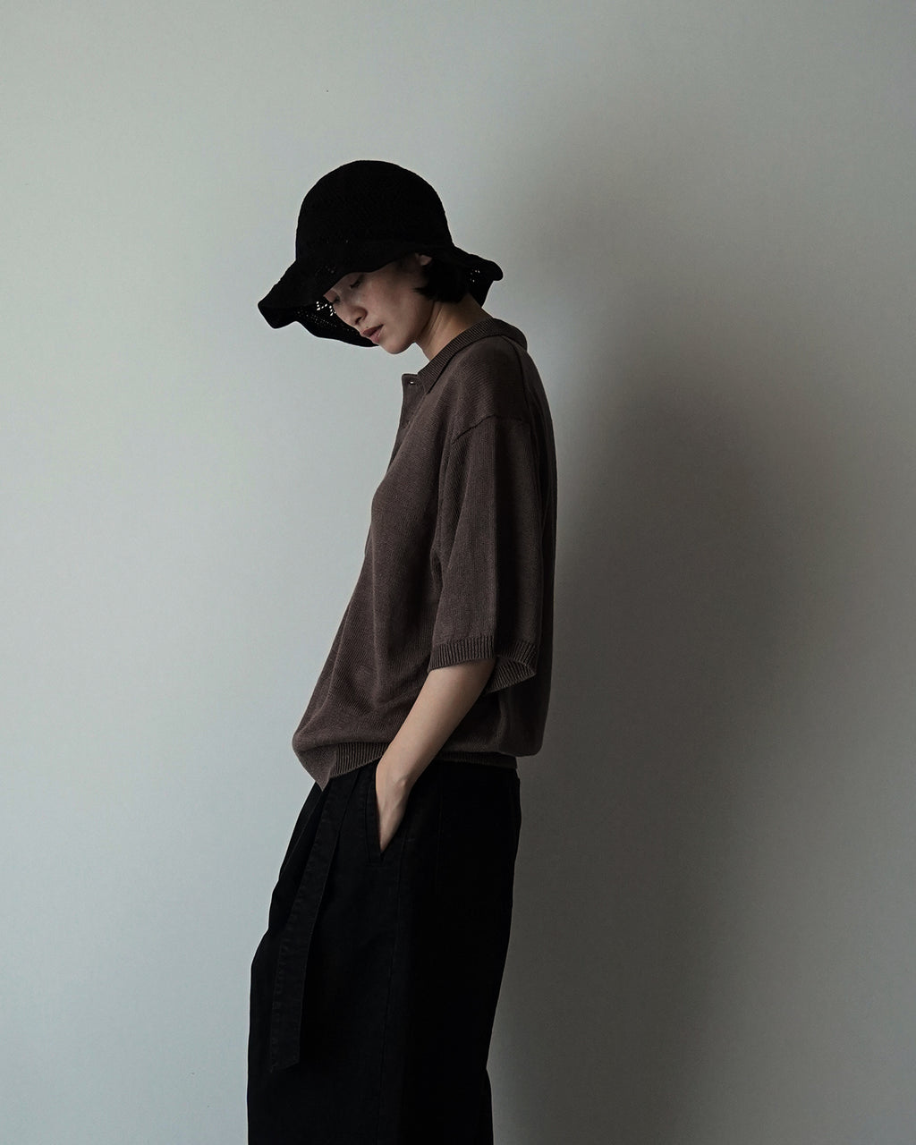 Linen Mid-Gauge Half Sleeve Knit Polo <#brown>