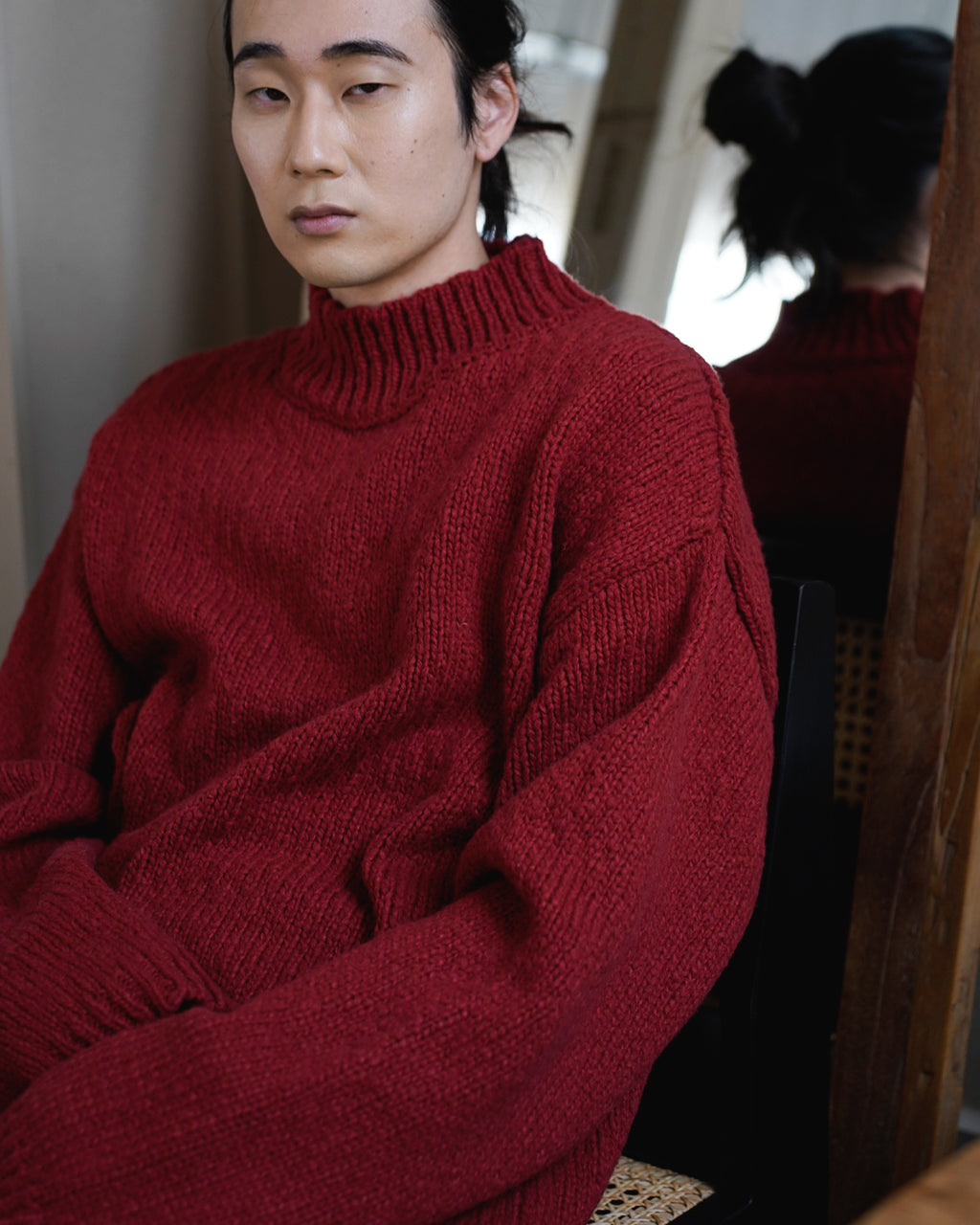 Wool Blend High Neck Hand-like Knit / Sweater <#red>