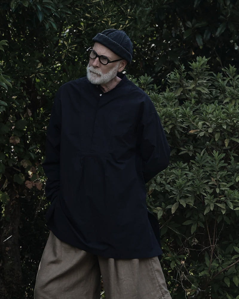 Organic Cotton Band Collar Side Slit Grandpa Shirt <#black>
