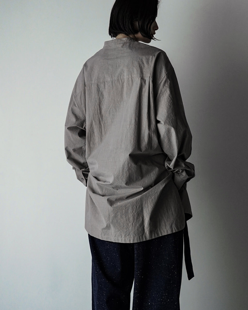 Organic Cotton Band Collar Side Slit Grandpa Shirt <#gray>