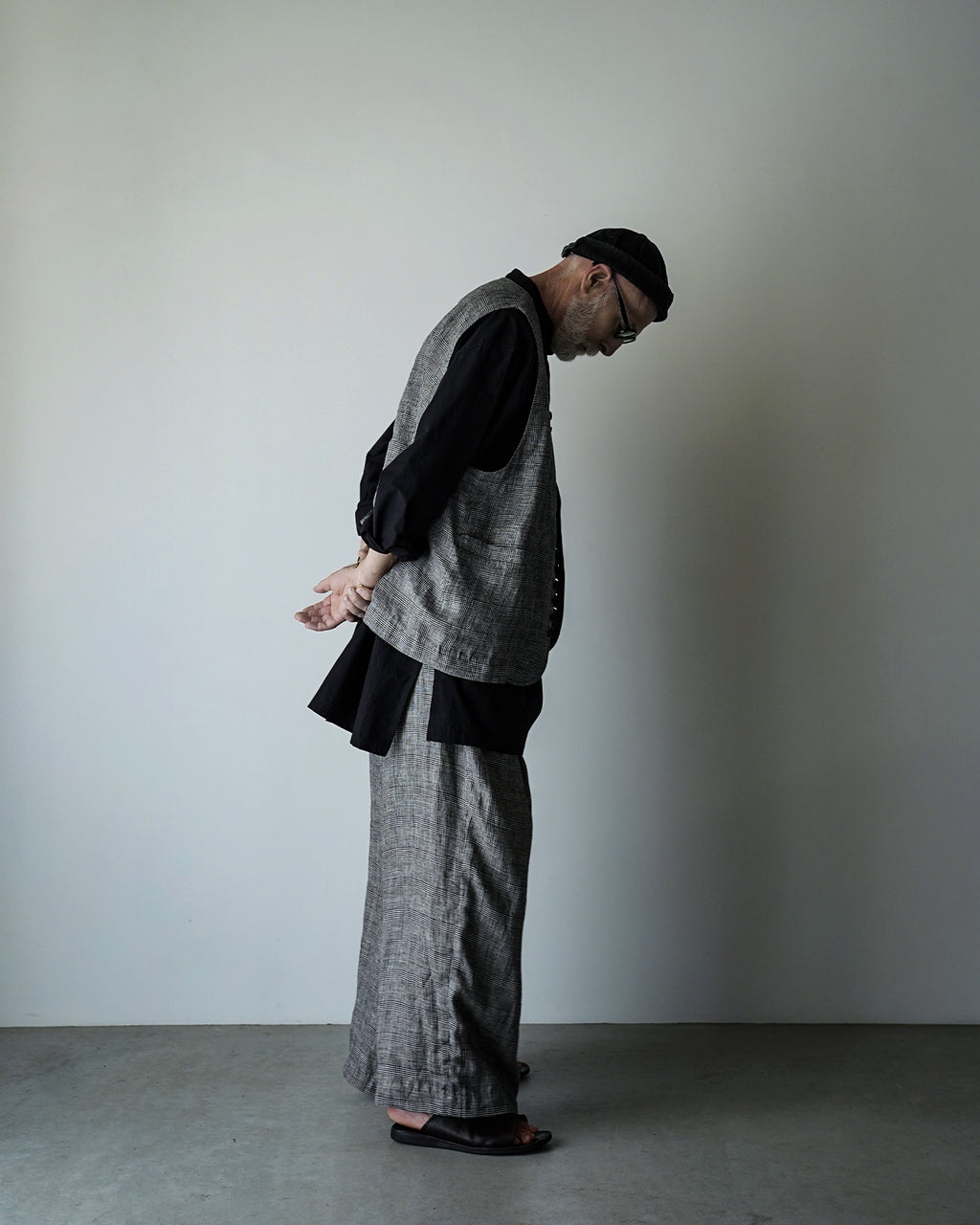 Glen Check Linen Back Belt 3Tuck Wide Straight Trousers <#glen check>