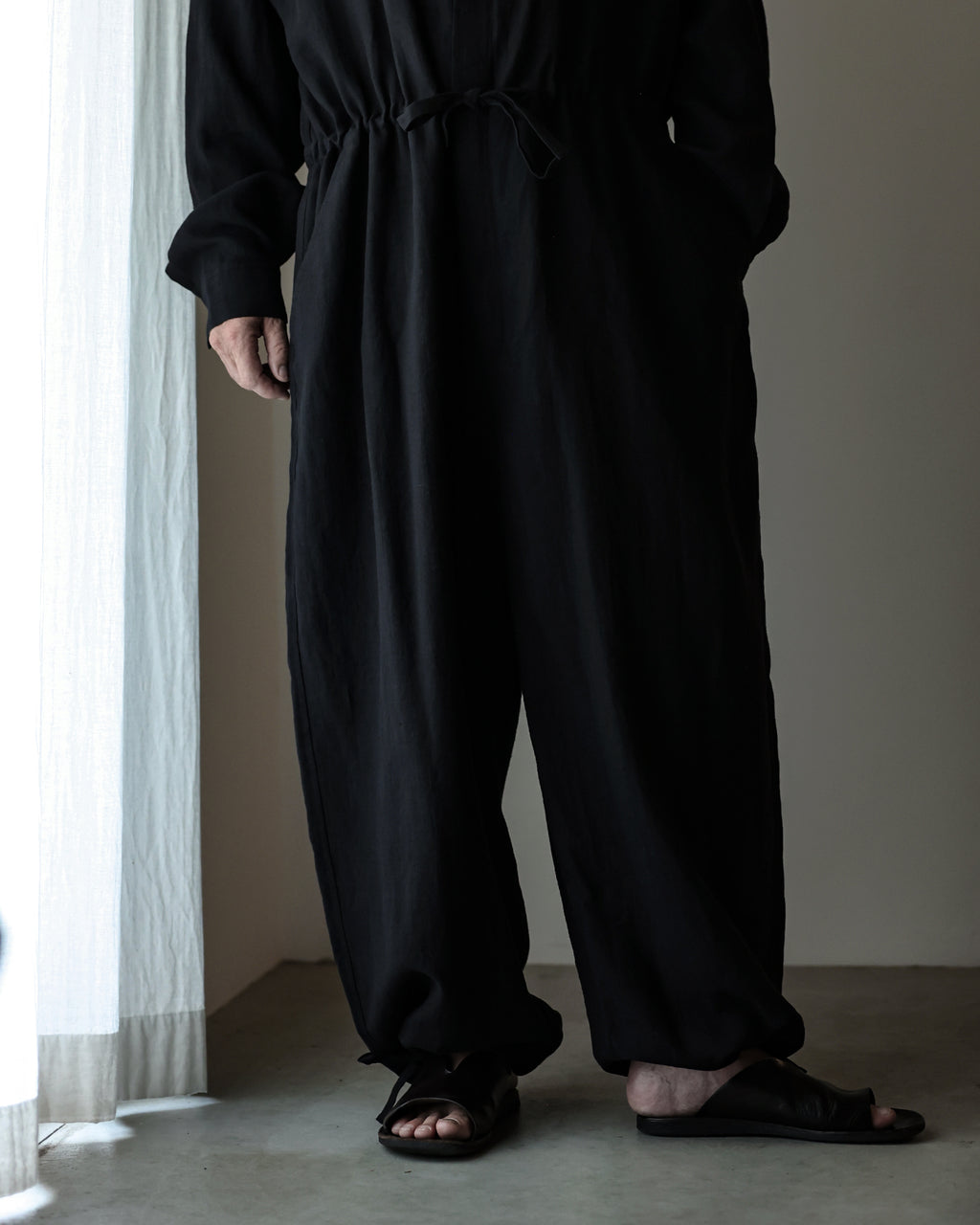 Wash Linen Band Collar Long-Sleeve Jumpsuit <#black>