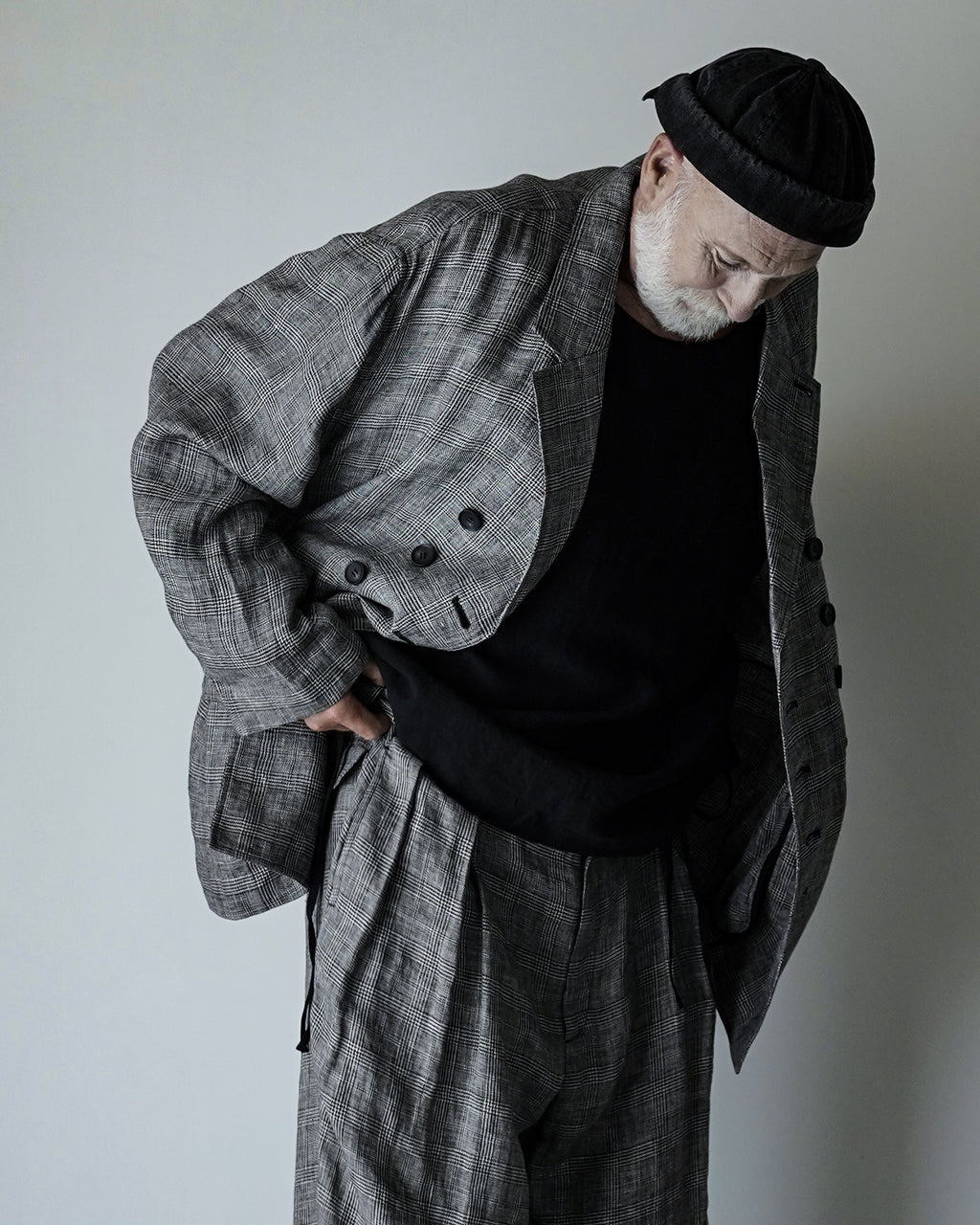 Glen Check Linen Back-Open Button Design Semi-Double Jacket <#glen check>
