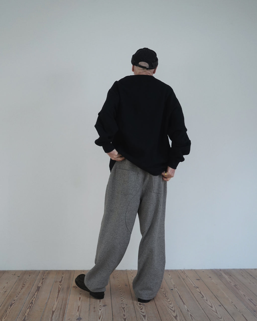 Shetland Wool Linen Crew Neck LS Tuck Rib Pullover <#black>