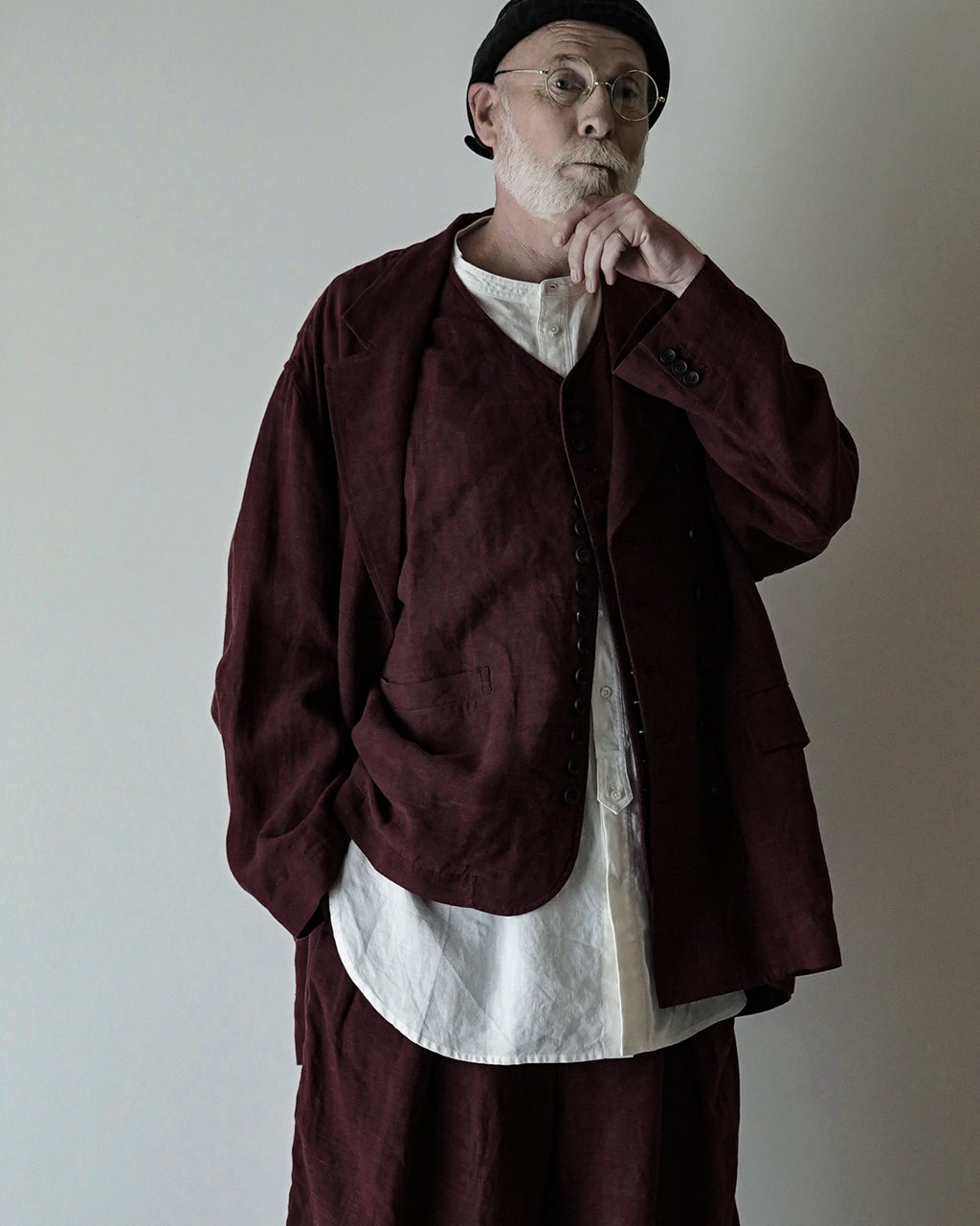 French Linen Back-Open Button Design Semi-Double Jacket <#burgundy>