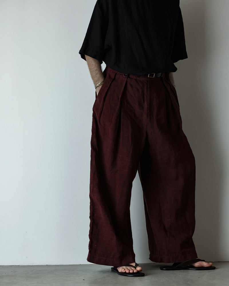 French Linen Back Belt 3Tuck Wide Straight Trousers <#burgundy>