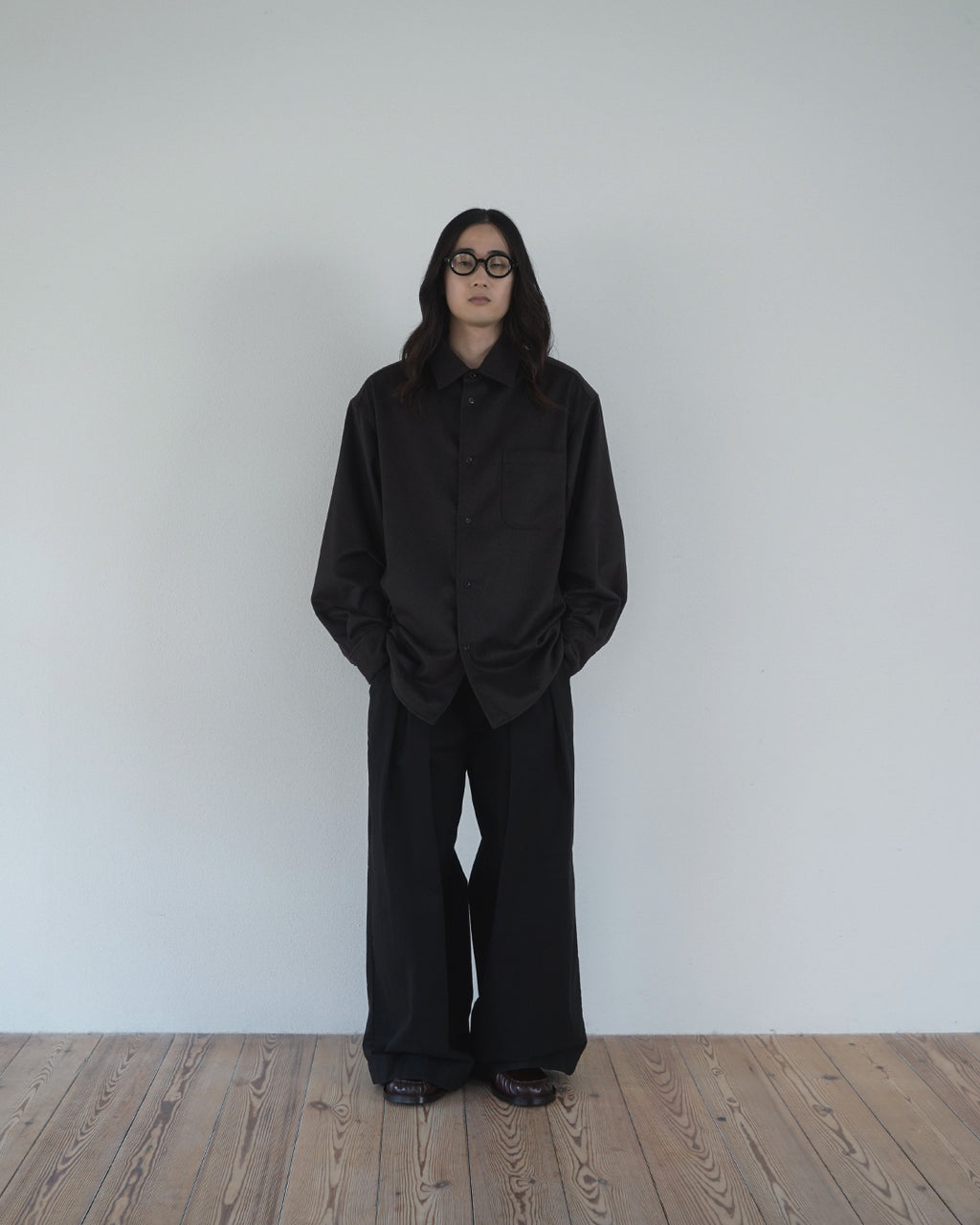 Wool Blend Heavy Flannel Wide Tuck Over Shirt <#olive>