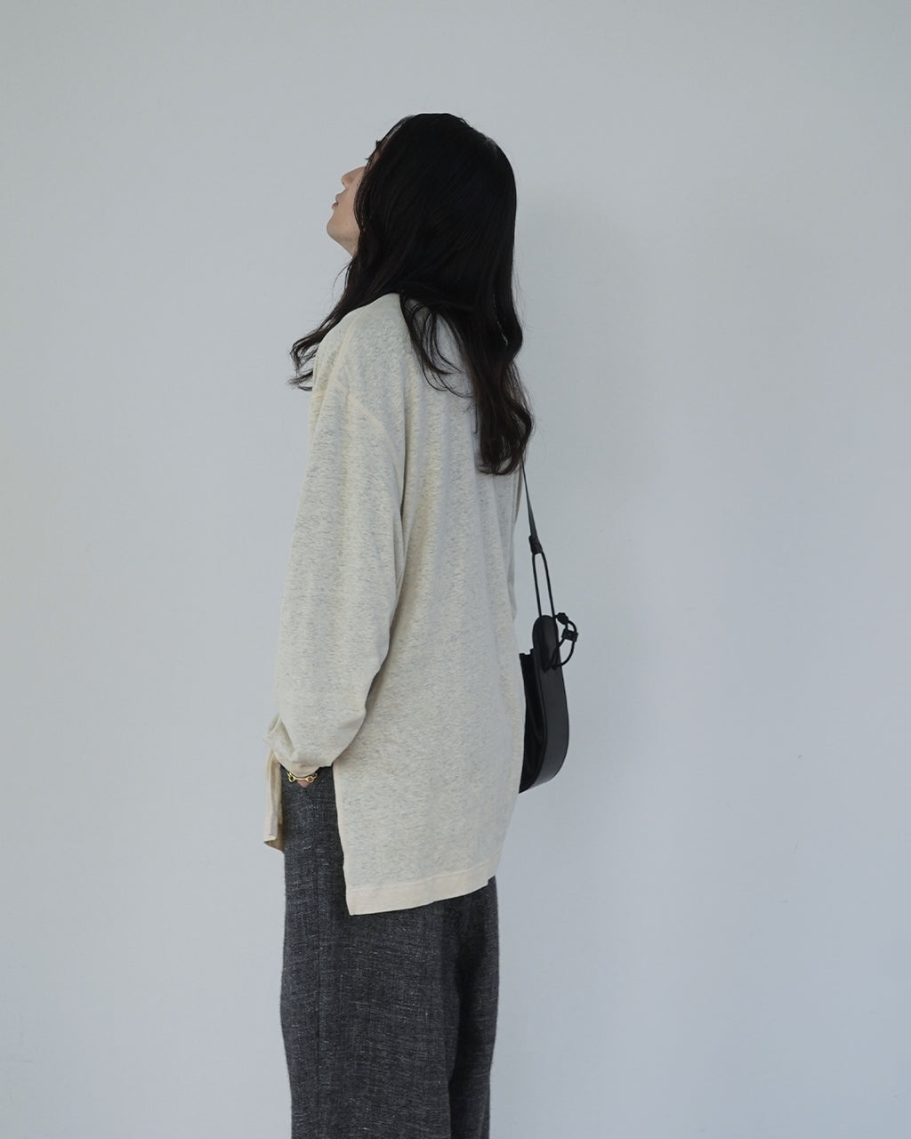 Linen Jersey Henley Neck Middle Length L/S Tee <#ivory>
