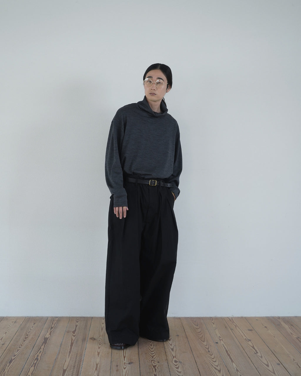 Oiled Wax Washed Moleskin Wide Baggy Pants <#black>