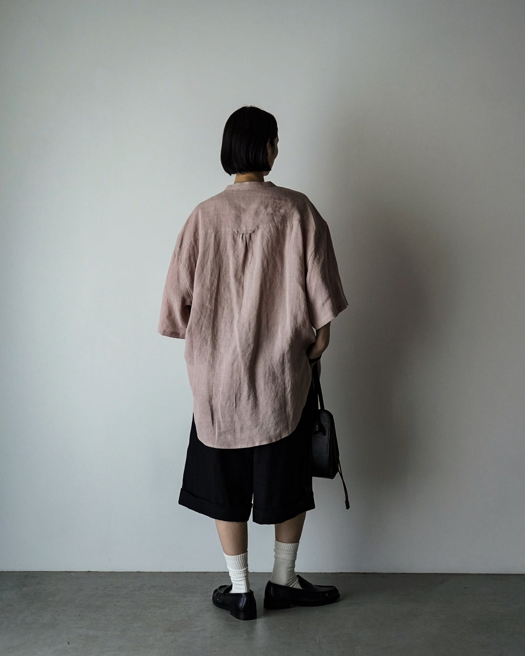 Wash Linen Band Collar Henley Neck Like Half Sleeve Atelier Shirt <#smoke pink>