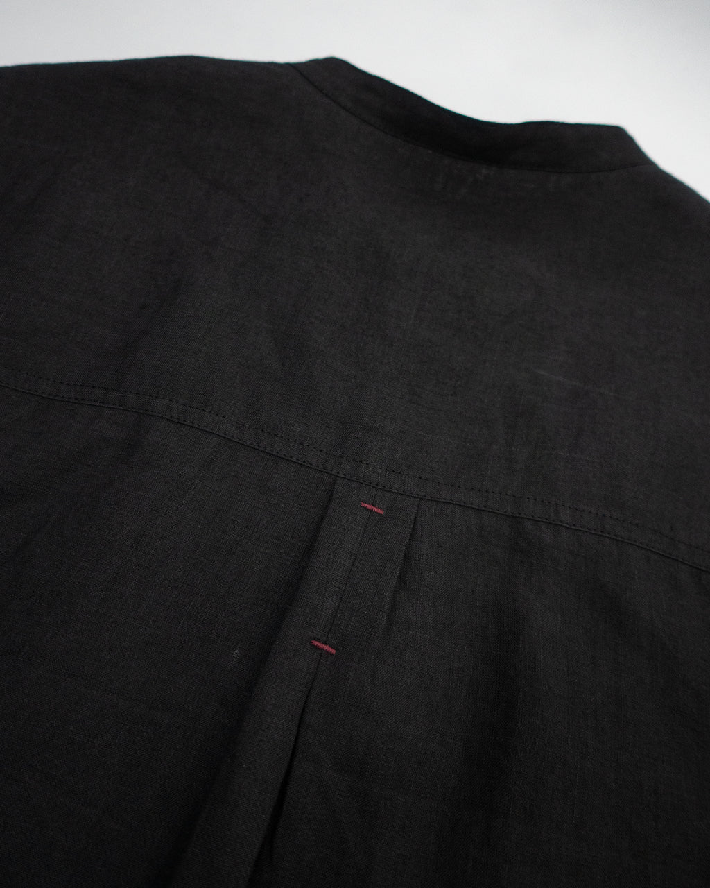 Linen Band Collar Round Slit Long Officer Shirt <#black>