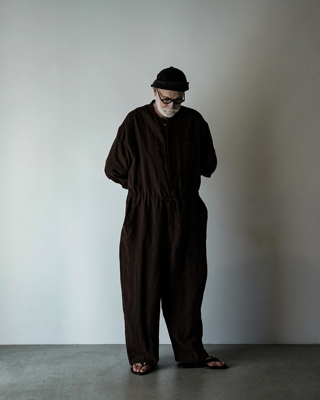 Wash Linen Band Collar Long-Sleeve Jumpsuit <#brown>
