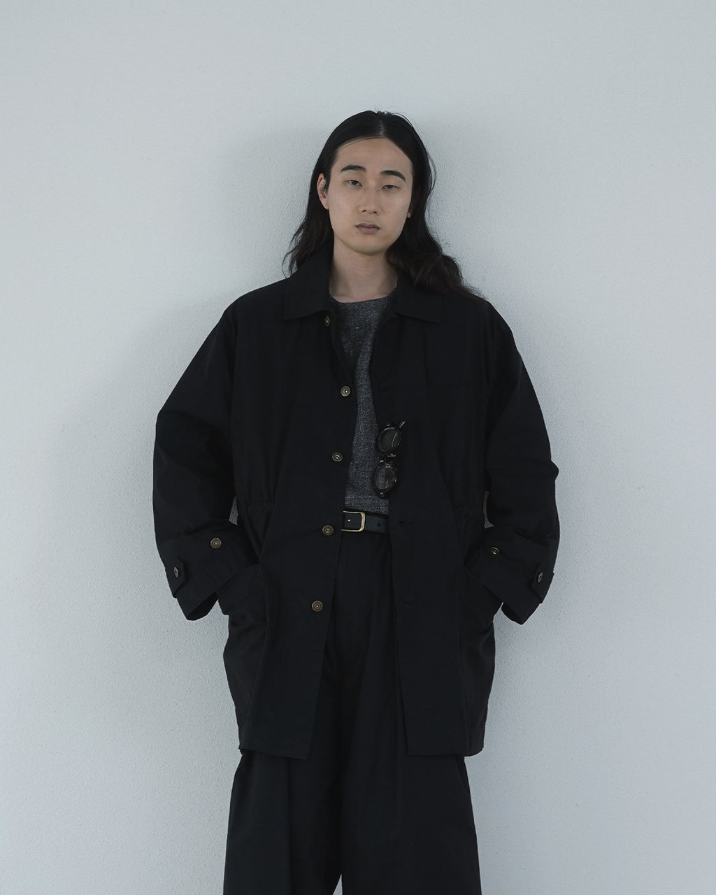 Shetland Wool Linen Crew Neck LS Tuck Rib Pullover <#charcoal>