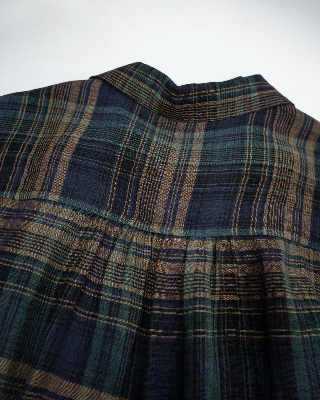 Linen Madras Check Open Collar Long-Sleeve Gathered Shirt<#navy check>