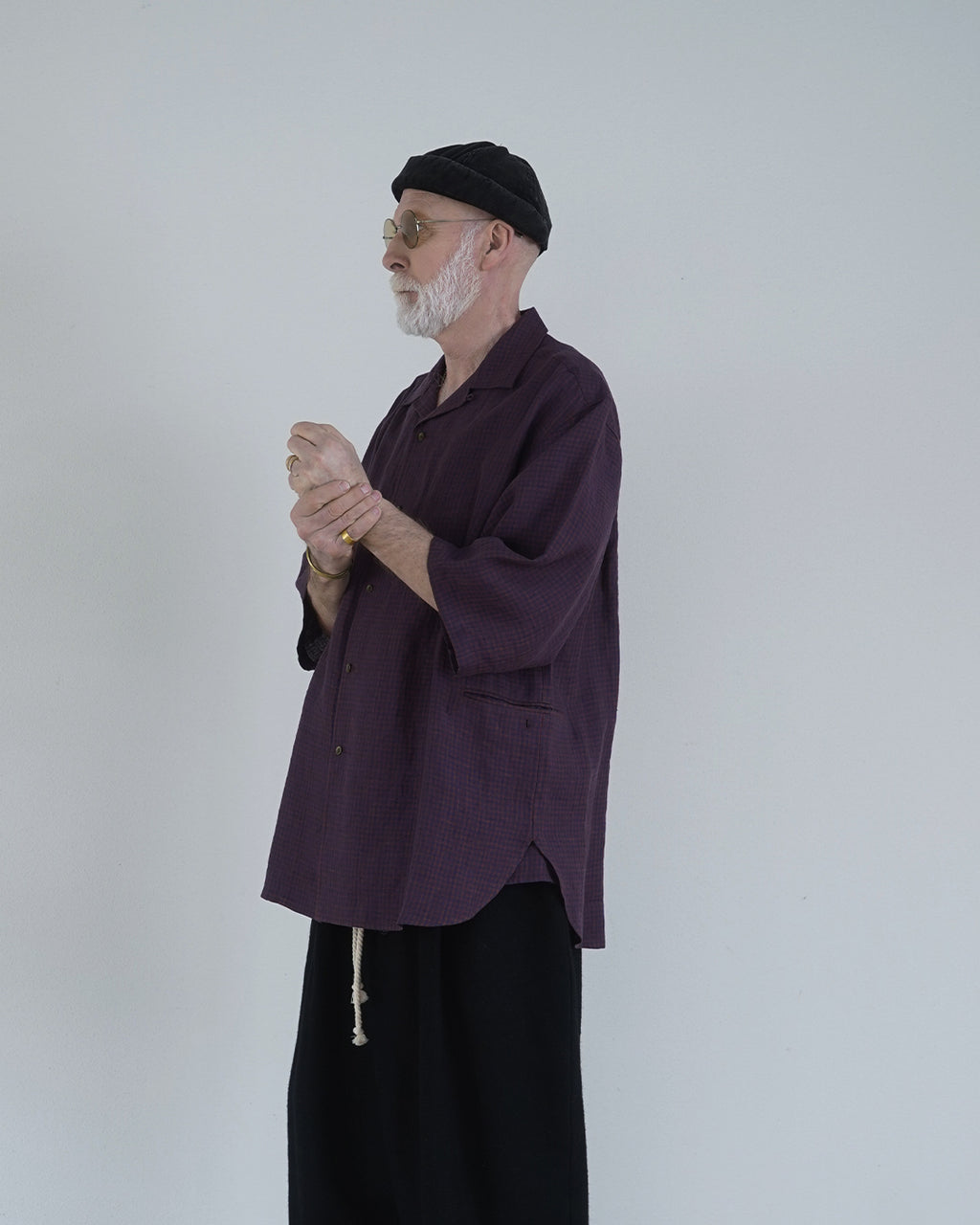 Wash Linen Open Collar 3/4 Sleeve Sleeping Shirt <#brown×navy>