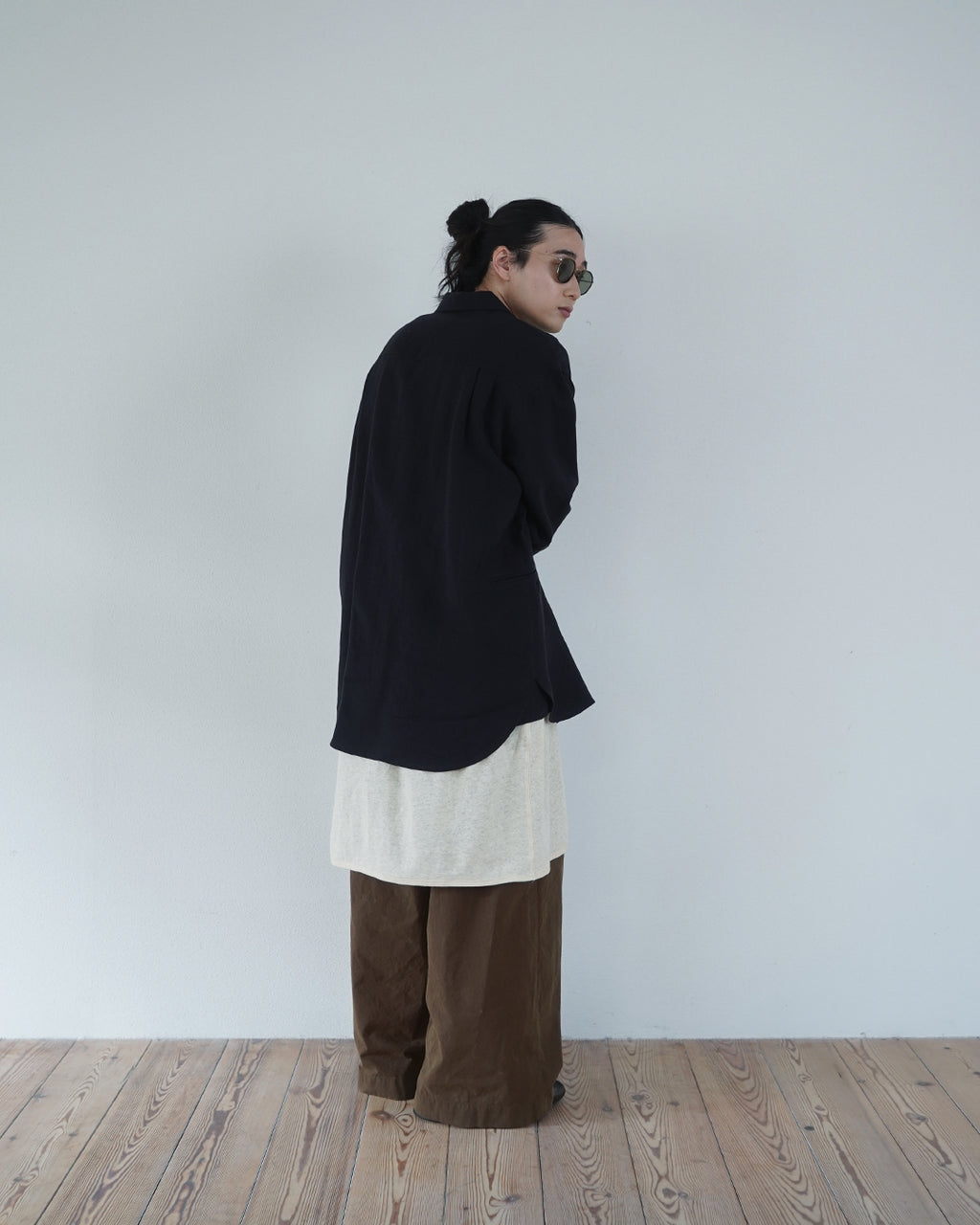 Wash Linen Open Collar 3/4 Sleeve Sleeping Shirt <#black>