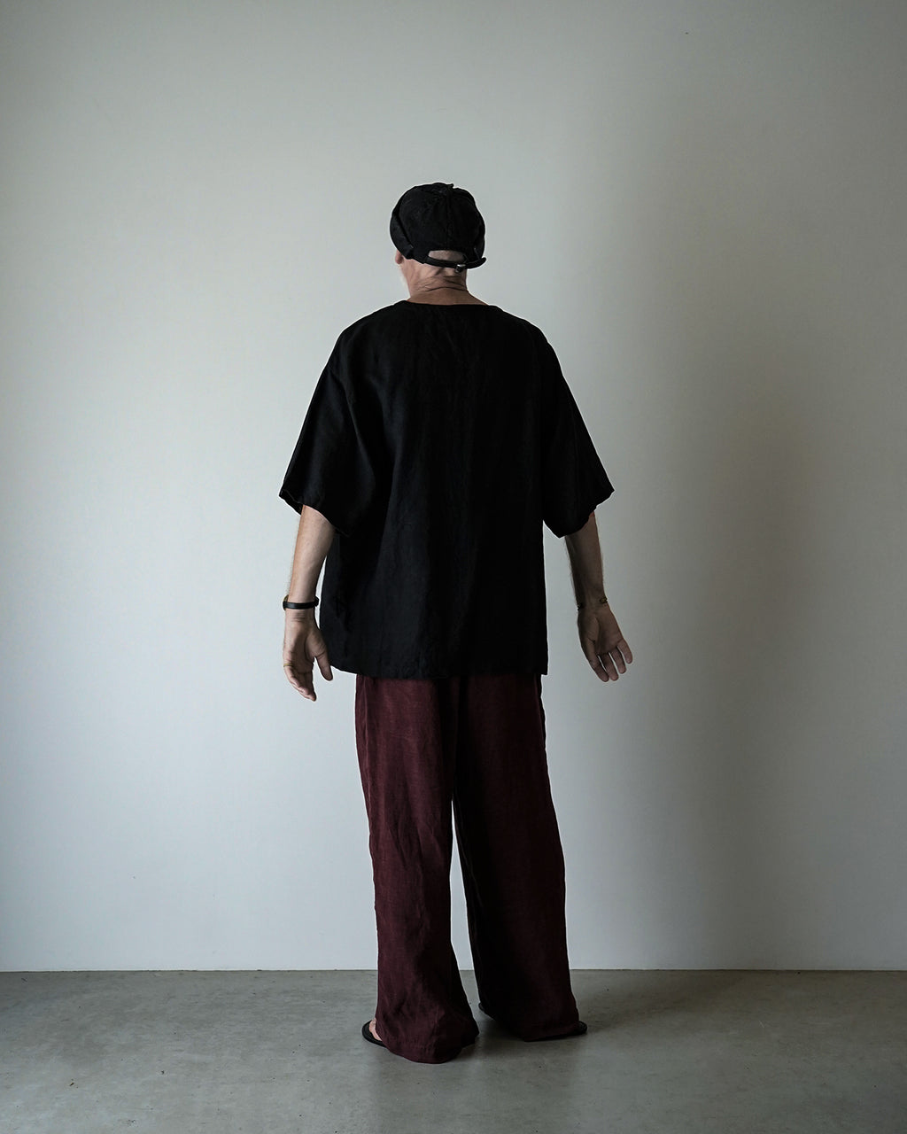 French Linen Crew Neck Half Sleeve Oversized Pullover <#black>