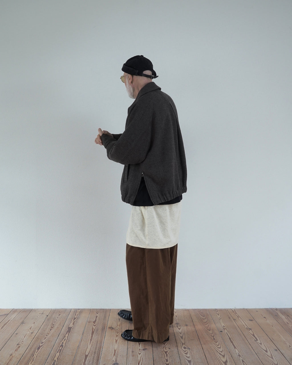 Wool Blend Herringbone Tweed Volume Zip Blouson <#brown>