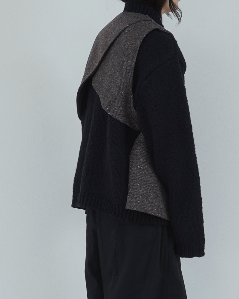 Wool Blend Tweed Back-Open Layered Crew Neck Vest <#brown>